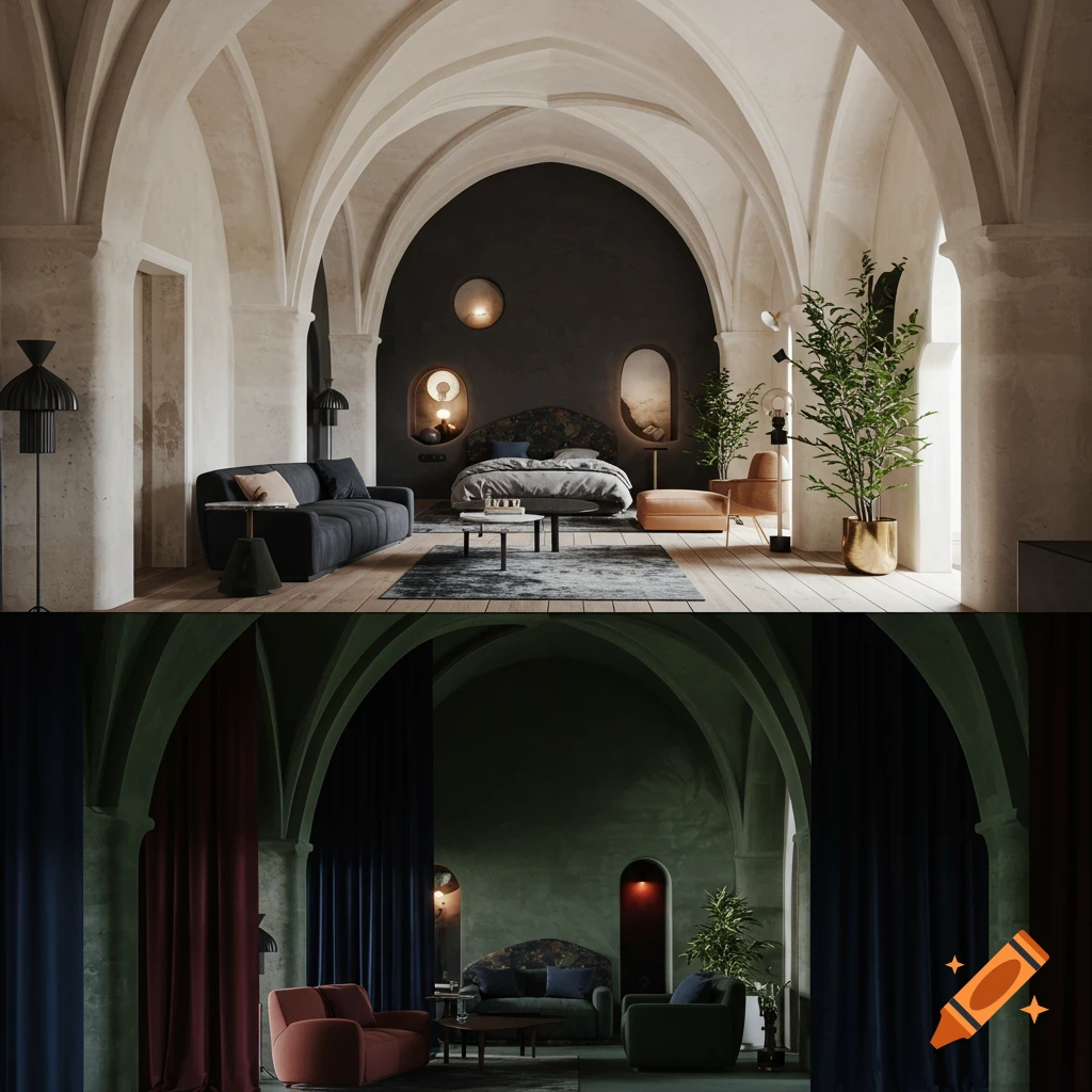 A split image showing two modern, high-ceilinged rooms with arched vaults, one bright with light walls and the other dark with deep green walls.