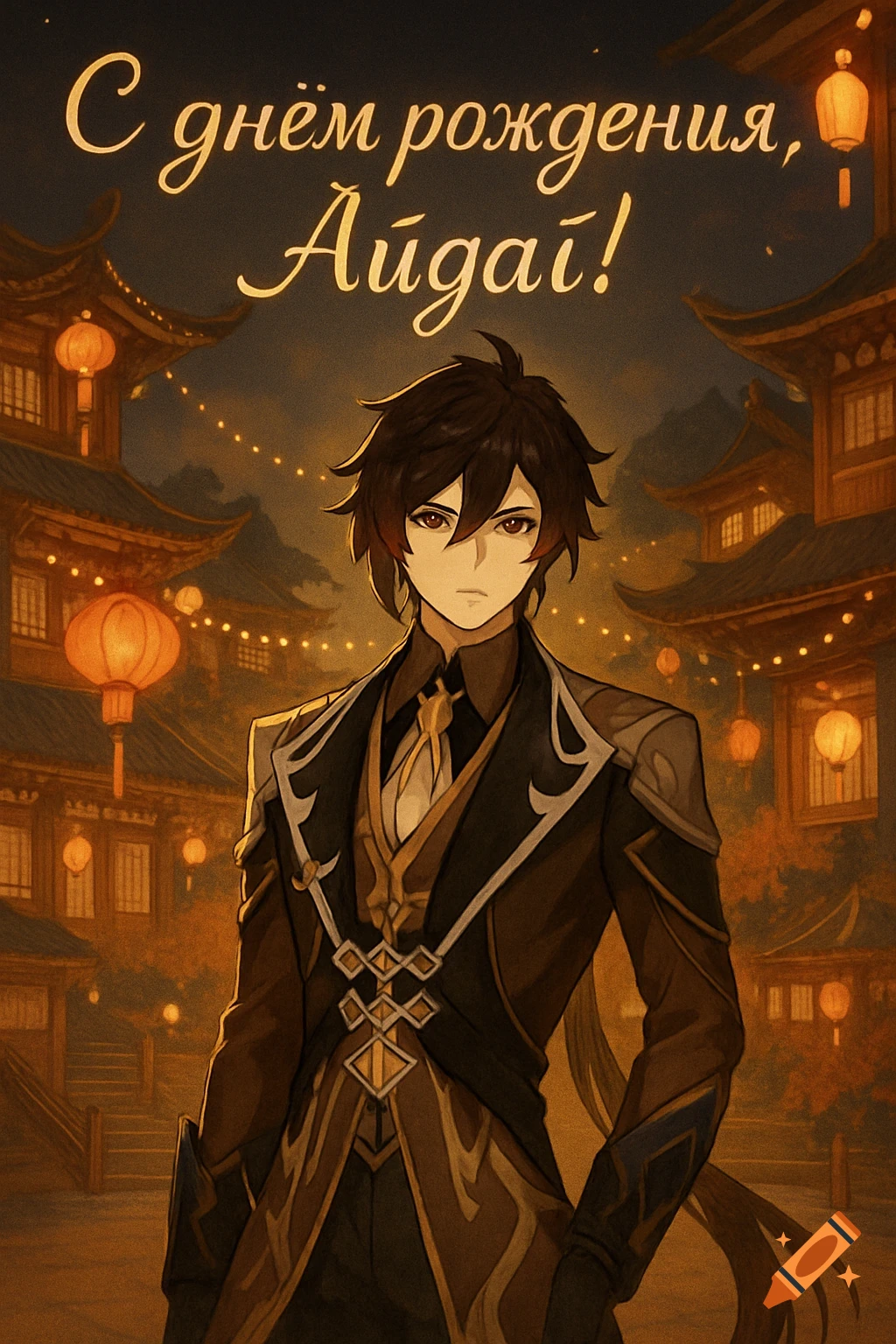 Zhongli from Genshin Impact stands in a festive Liyue village at night with lanterns and string lights, with the Russian text 'Happy birthday, Aydai!' above him, in an anime art style.