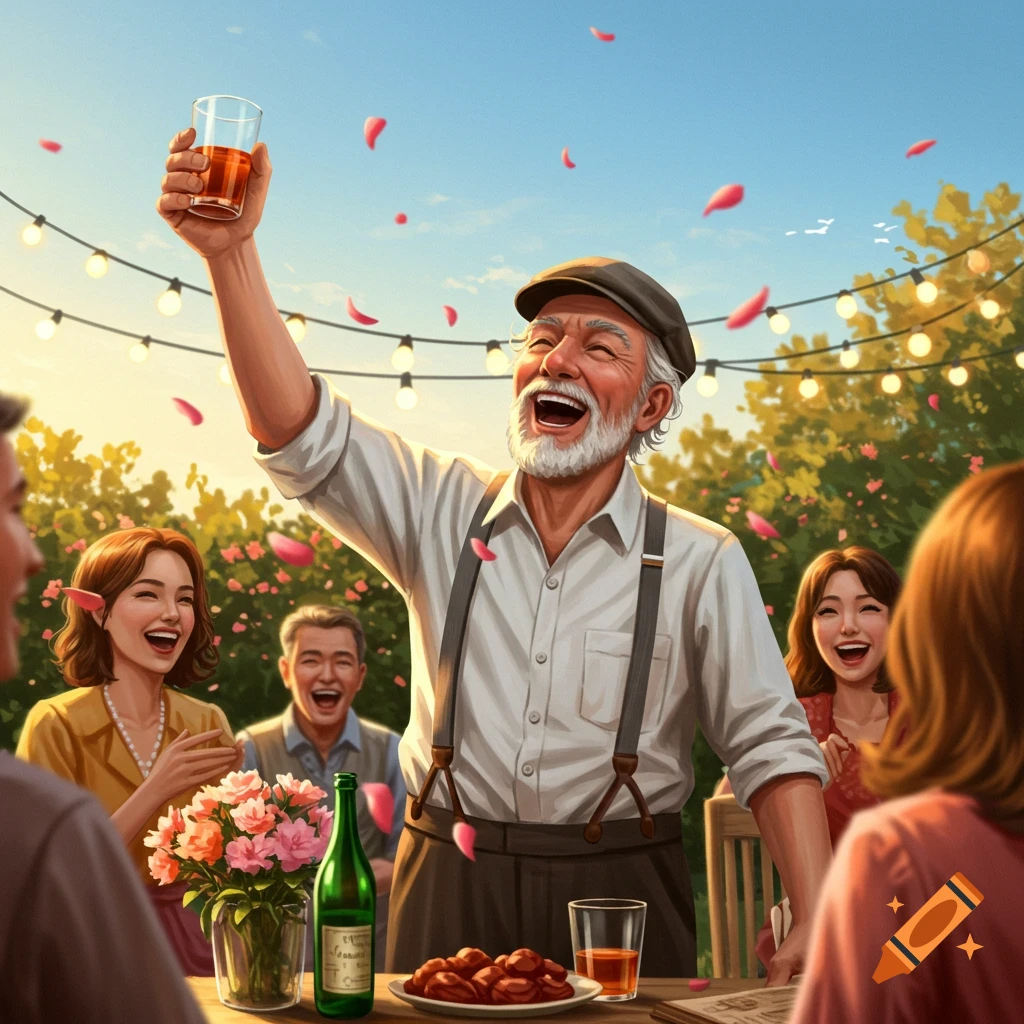 An older man laughs joyfully, raising a drink at a sunny outdoor celebration with friends, surrounded by string lights and falling petals.