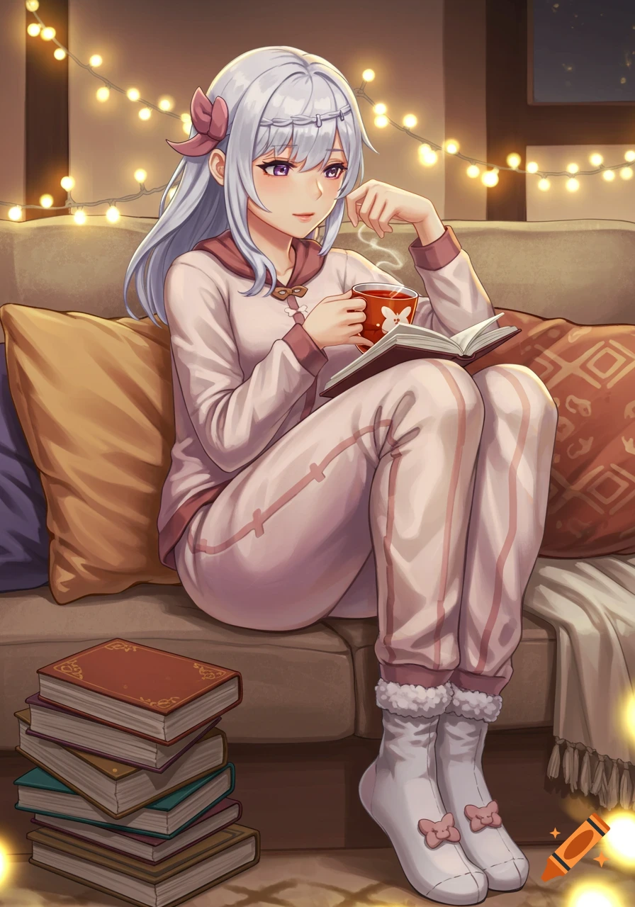 An anime girl with long white hair and a pink bow, dressed in pajamas, sits on a couch, reading a book and drinking from a mug, surrounded by string lights.