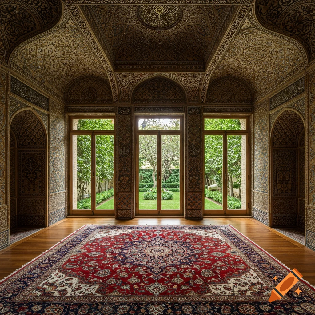 An ornate Persian room with a large red rug, intricate gold and blue patterns on walls and ceiling, and tall windows overlooking a green garden.