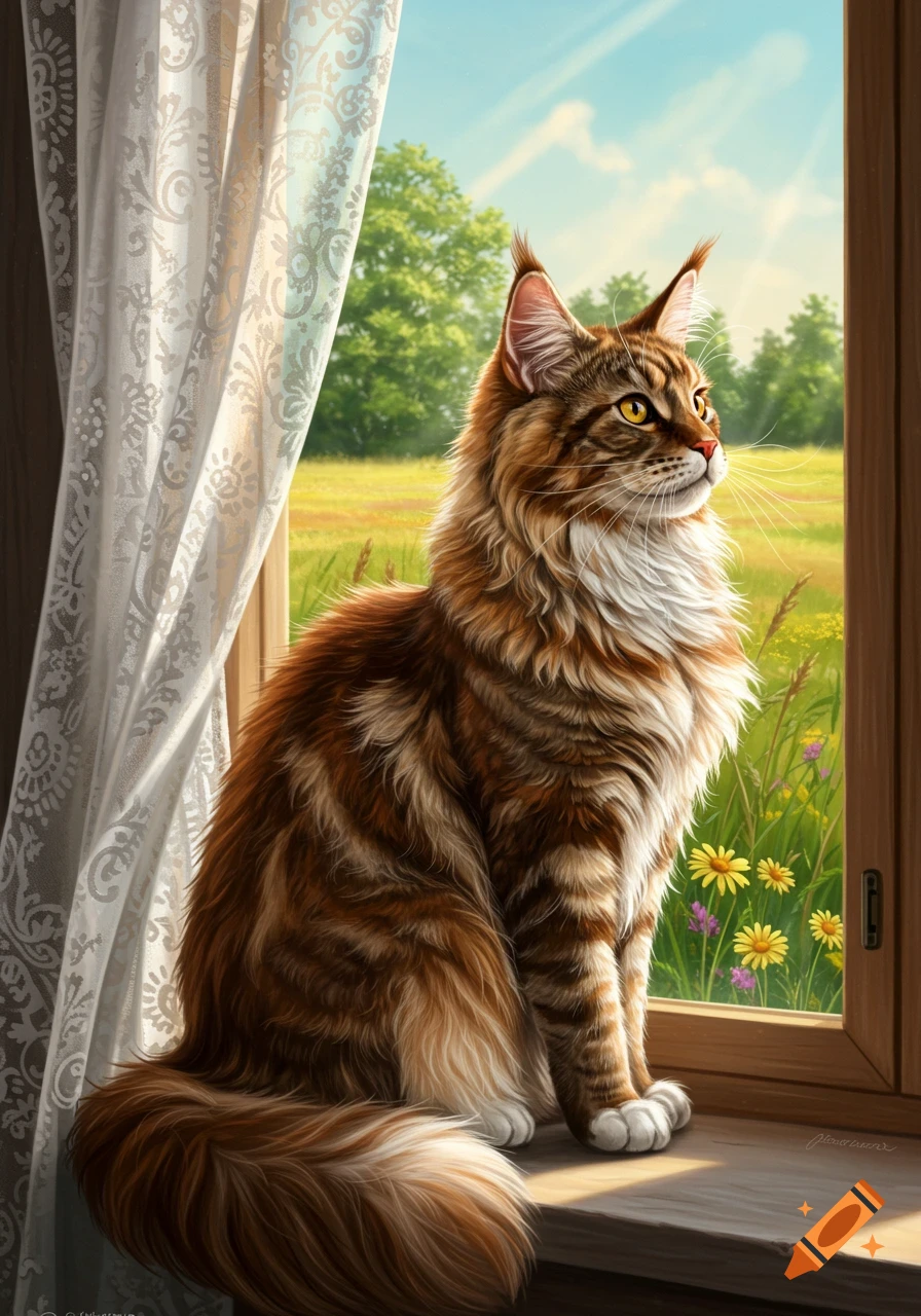 A majestic Maine Coon cat with brown tabby fur and white chest sits on a windowsill, looking out at a bright green field under a blue sky.