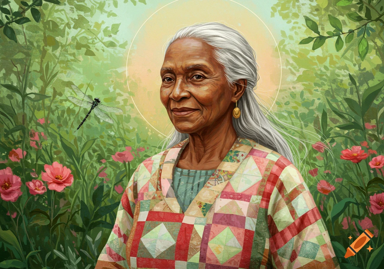 An illustration of a smiling older woman with gray hair in a colorful patchwork shirt, surrounded by green foliage, pink flowers, and a dragonfly.