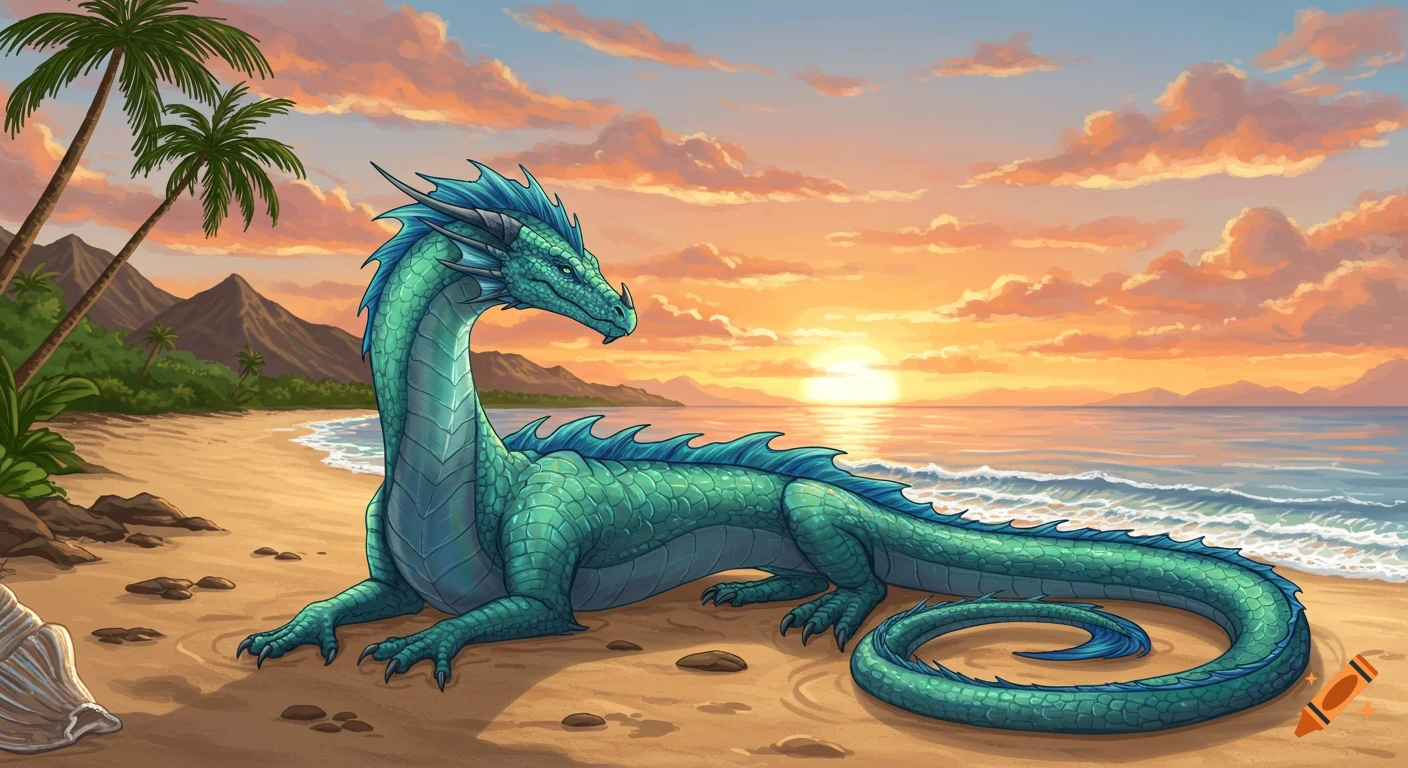A blue-green dragon with spiky fins rests on a sandy Hawaiian beach at sunset, with palm trees and mountains in the background, in a hand-drawn style.