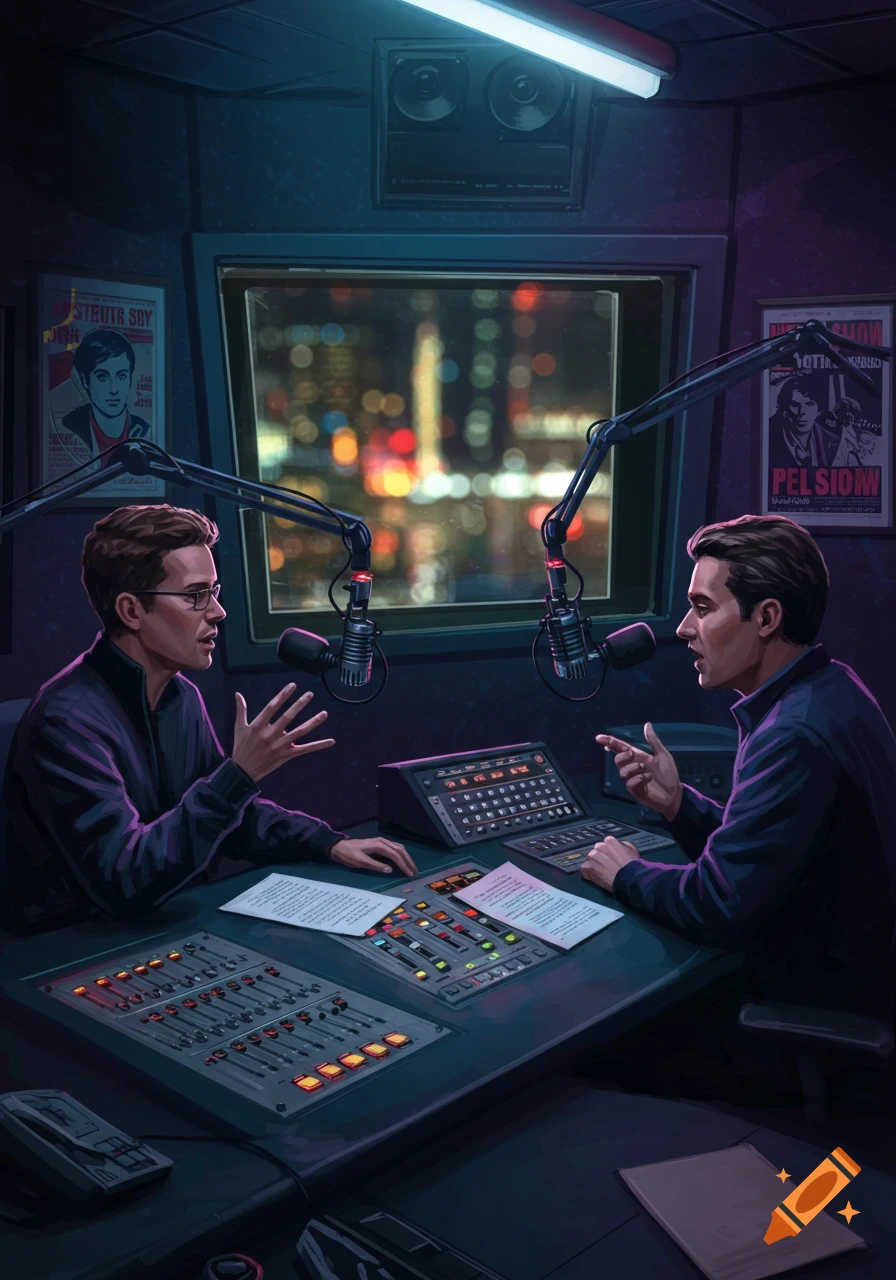 Two men speak into microphones in a dimly lit radio studio with soundboards, city lights visible outside the window.
