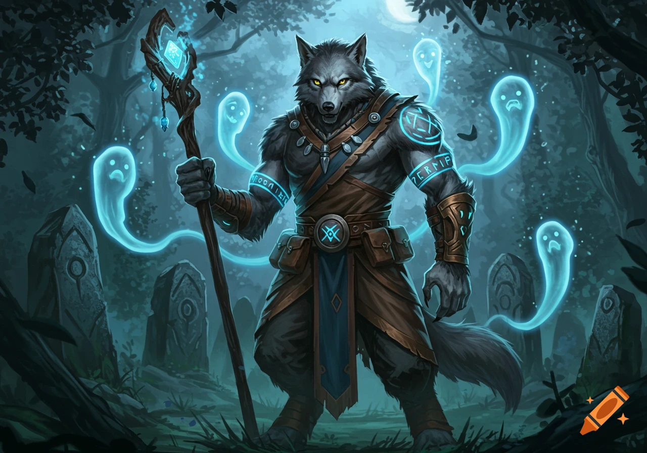 A muscular gray werewolf cleric stands in a moonlit forest, holding a glowing staff and surrounded by blue, ghostly figures. Digital art.