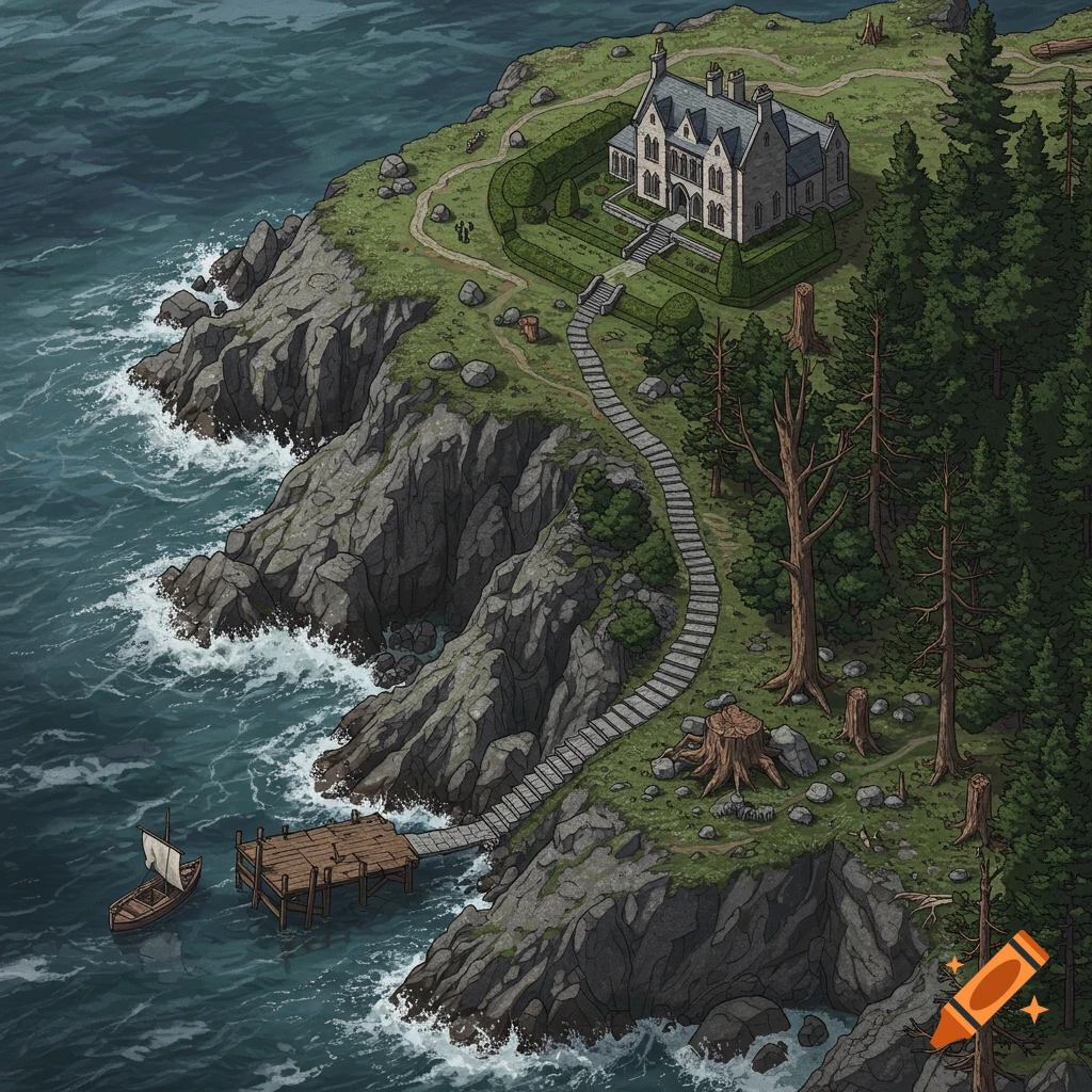 An isometric drawing of a grand rectory house and gardens on a rugged cliff overlooking rough seas, with a winding path leading to a small dock and boat.