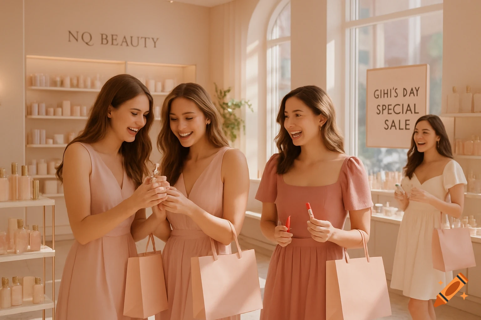 Several happy young women shop for beauty products in a bright, luxurious store with pastel decor.
