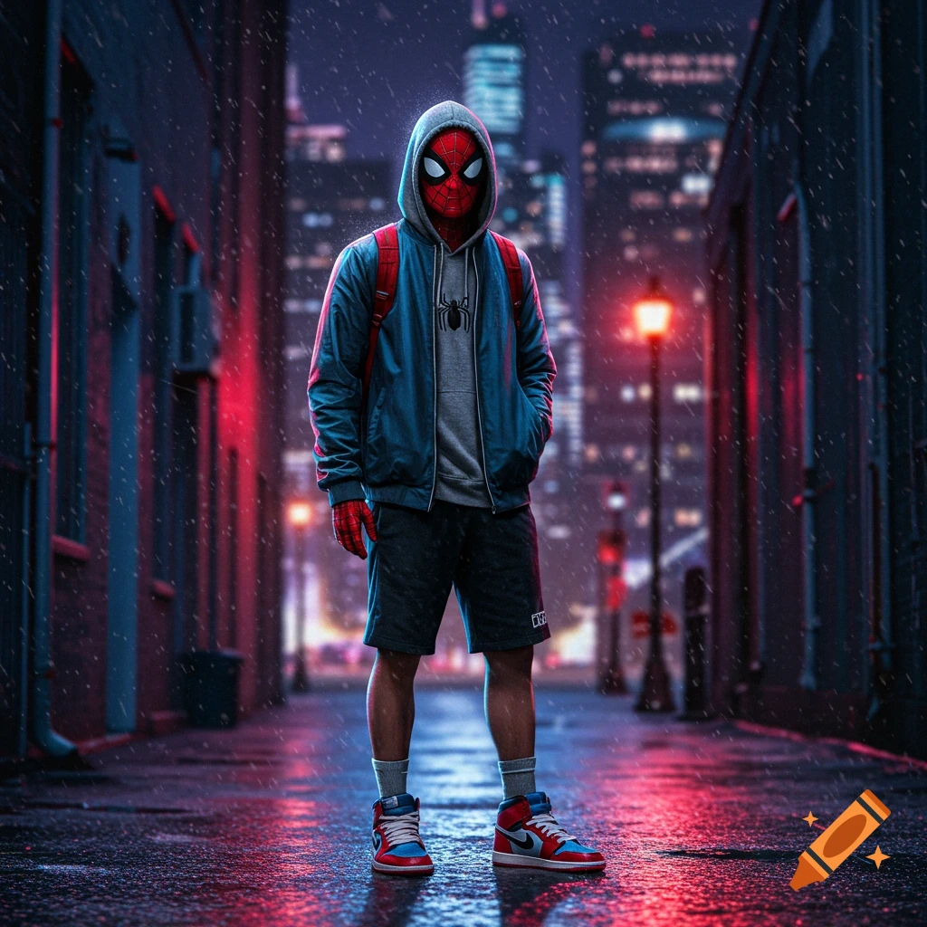 A person dressed as Spider-Man in a grey hoodie, blue jacket, black shorts, and red and blue sneakers stands in a rainy city alley.