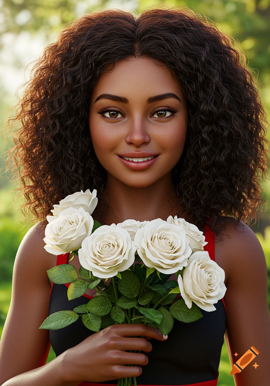 Smiling young woman with dark curly hair holding white roses in a natural setting. Photorealistic.