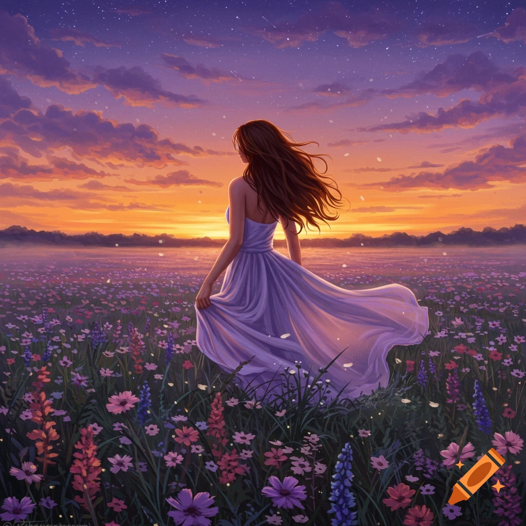A woman in a flowing purple dress walks through a field of wildflowers at sunset under a starry sky, viewed from behind.