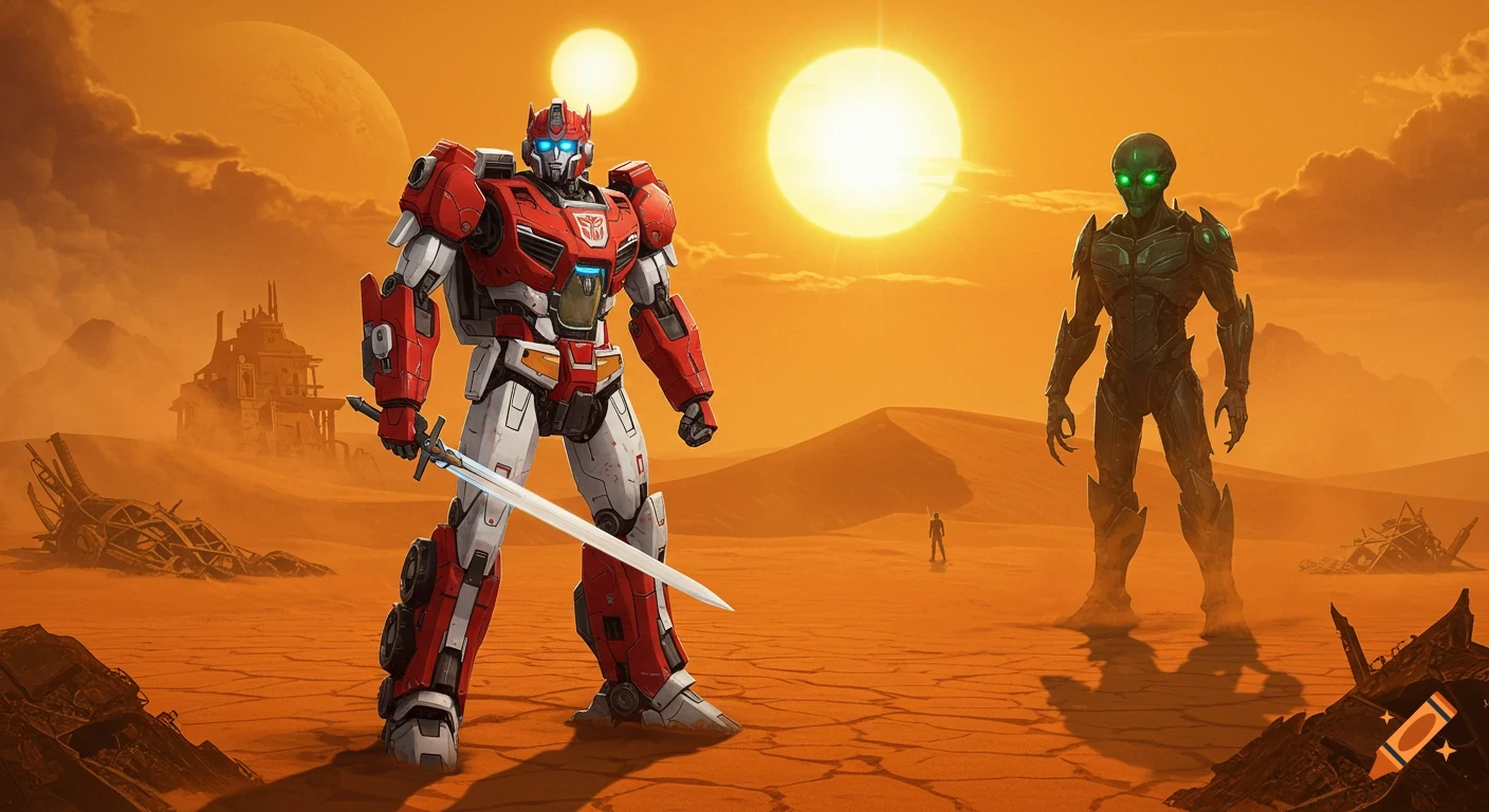 A red and white robot with a sword faces a dark alien with green eyes in a cracked orange desert with twin suns and distant ruins.