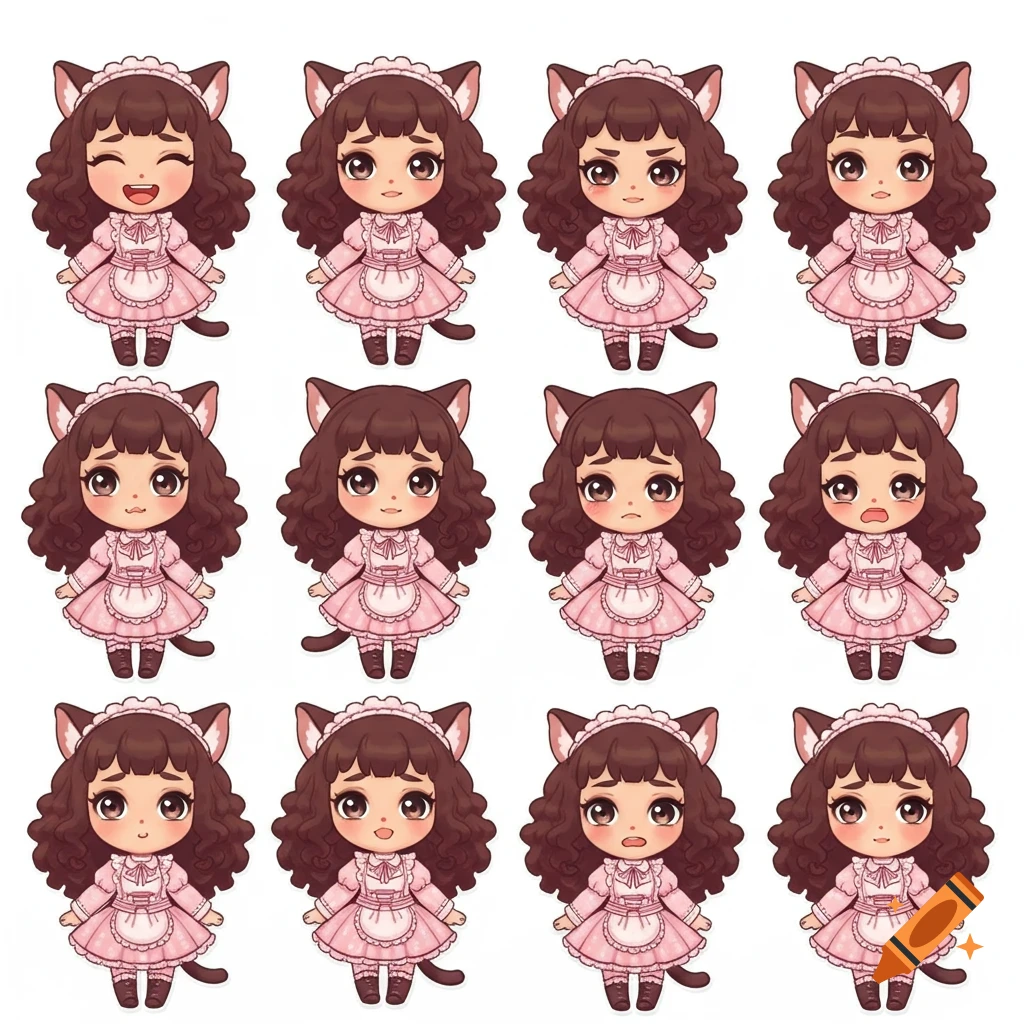 Twelve cute chibi catgirls in pink maid dresses, each with a different facial expression, in an anime style.