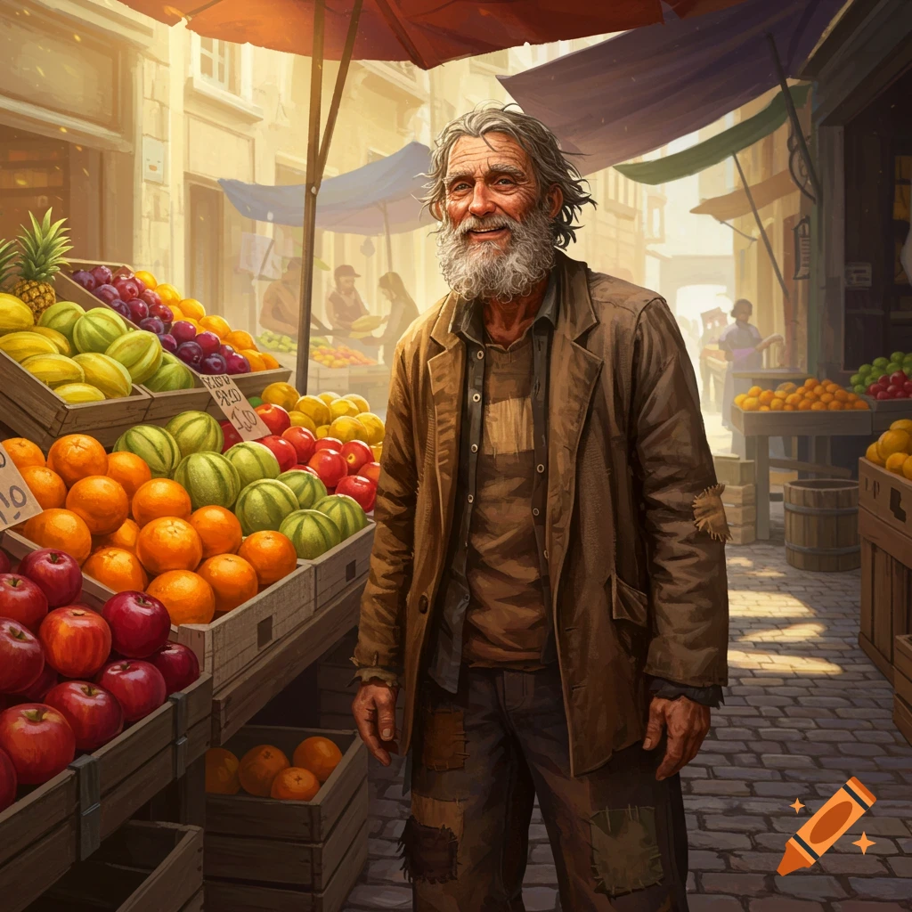 An old man with a long grey beard smiles at a vibrant fruit stall in a bustling outdoor market, bathed in warm sunlight.