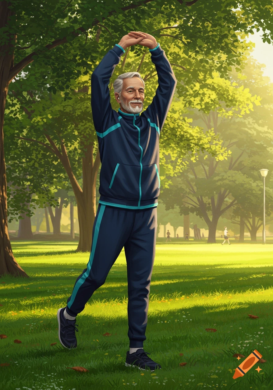 An elderly man in a blue tracksuit stretches his arms overhead in a sunny park with green grass and trees.