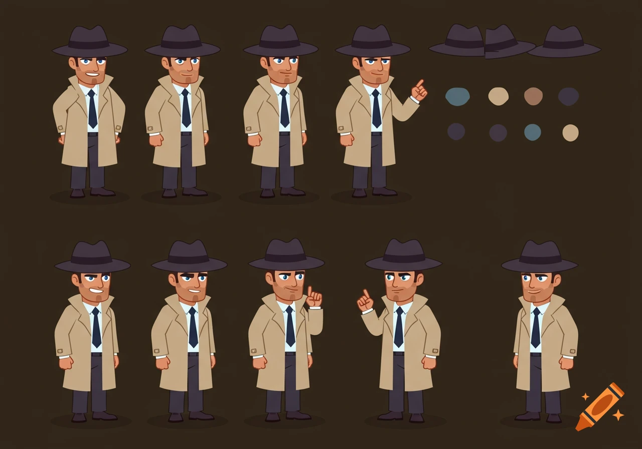 A flat cartoon vector sprite sheet of a male detective in a fedora and trench coat, showing various poses and expressions.