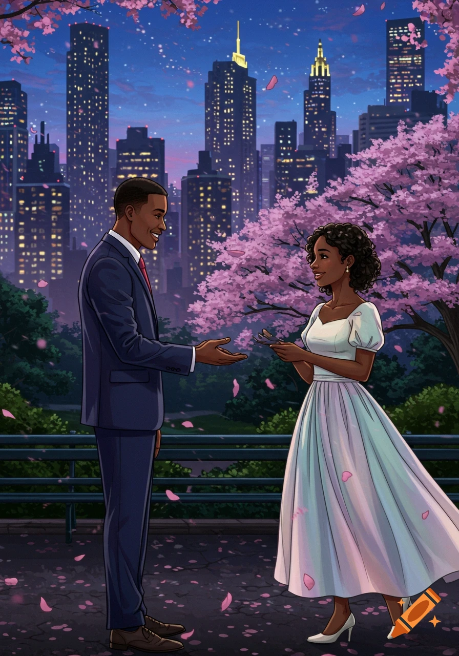 Illustrated image of a Black man and woman smiling at each other in a cherry blossom-filled park at dusk, with a city skyline.