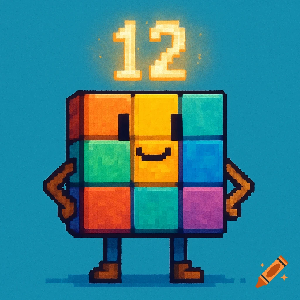 A pixel art cartoon character made of colorful blocks with a smiling face and the number 12 glowing above its head.