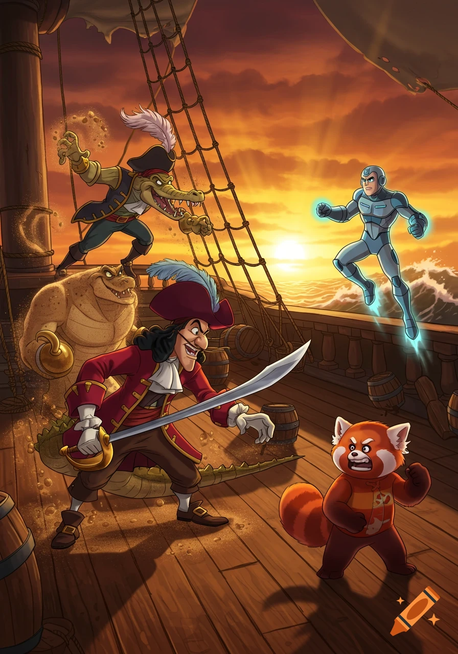 Captain Hook and two crocodile-like pirates fight Metro Man and Mei Lee as a red panda on a pirate ship at sunset, cartoon style.