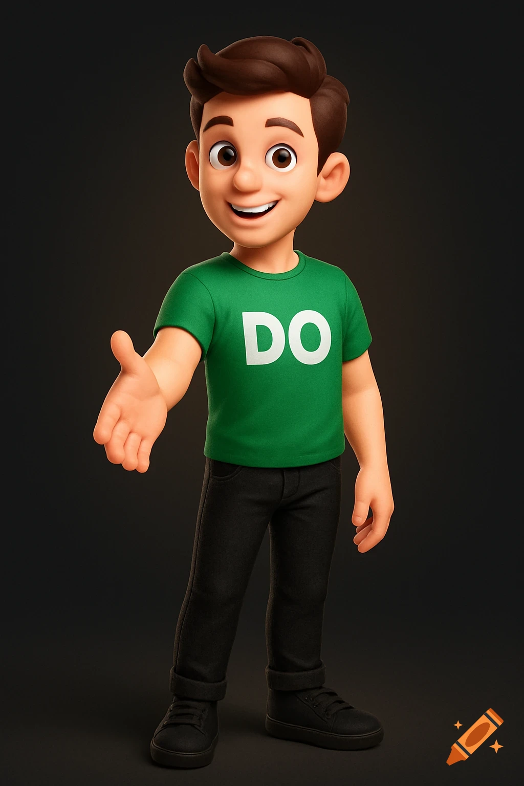 A smiling 3D cartoon young man in a green "DO" t-shirt, black jeans, and black trainers, extends his hand for a handshake.