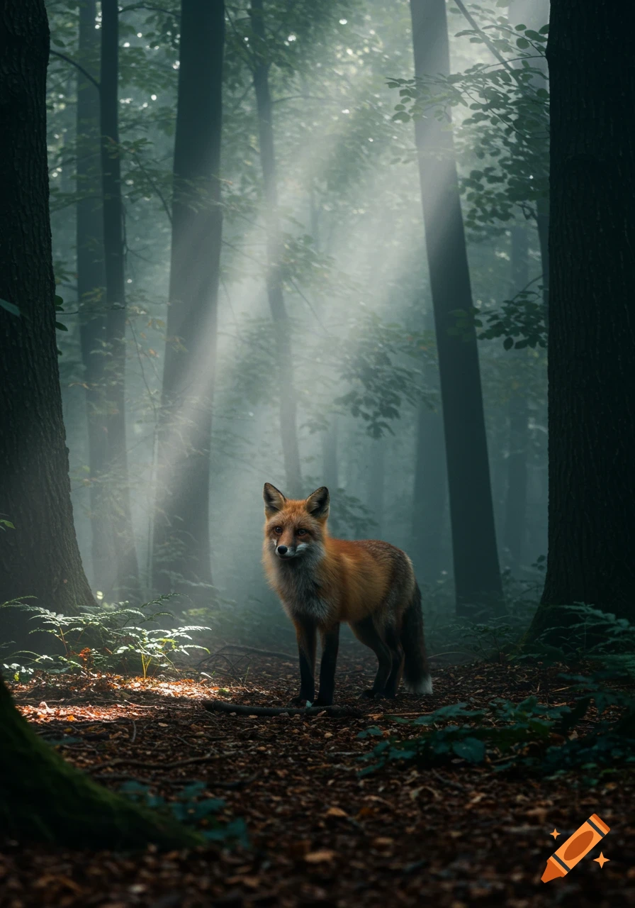 A realistic fox stands in a misty forest, illuminated by cinematic rays of sunlight filtering through the trees.