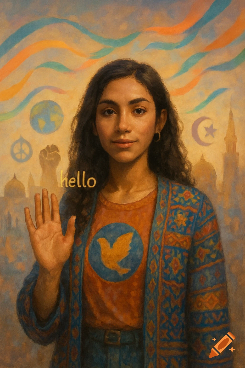 A painting of a woman waving, with 'hello' floating near her hand, against a background of peace and unity symbols.