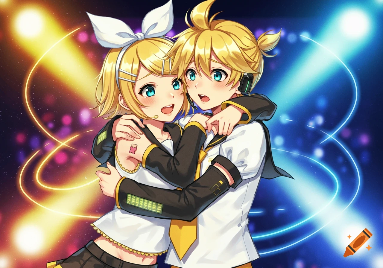 Kagamine Rin and Len, both with blonde hair and blue eyes, hug on a brightly lit stage in anime style.