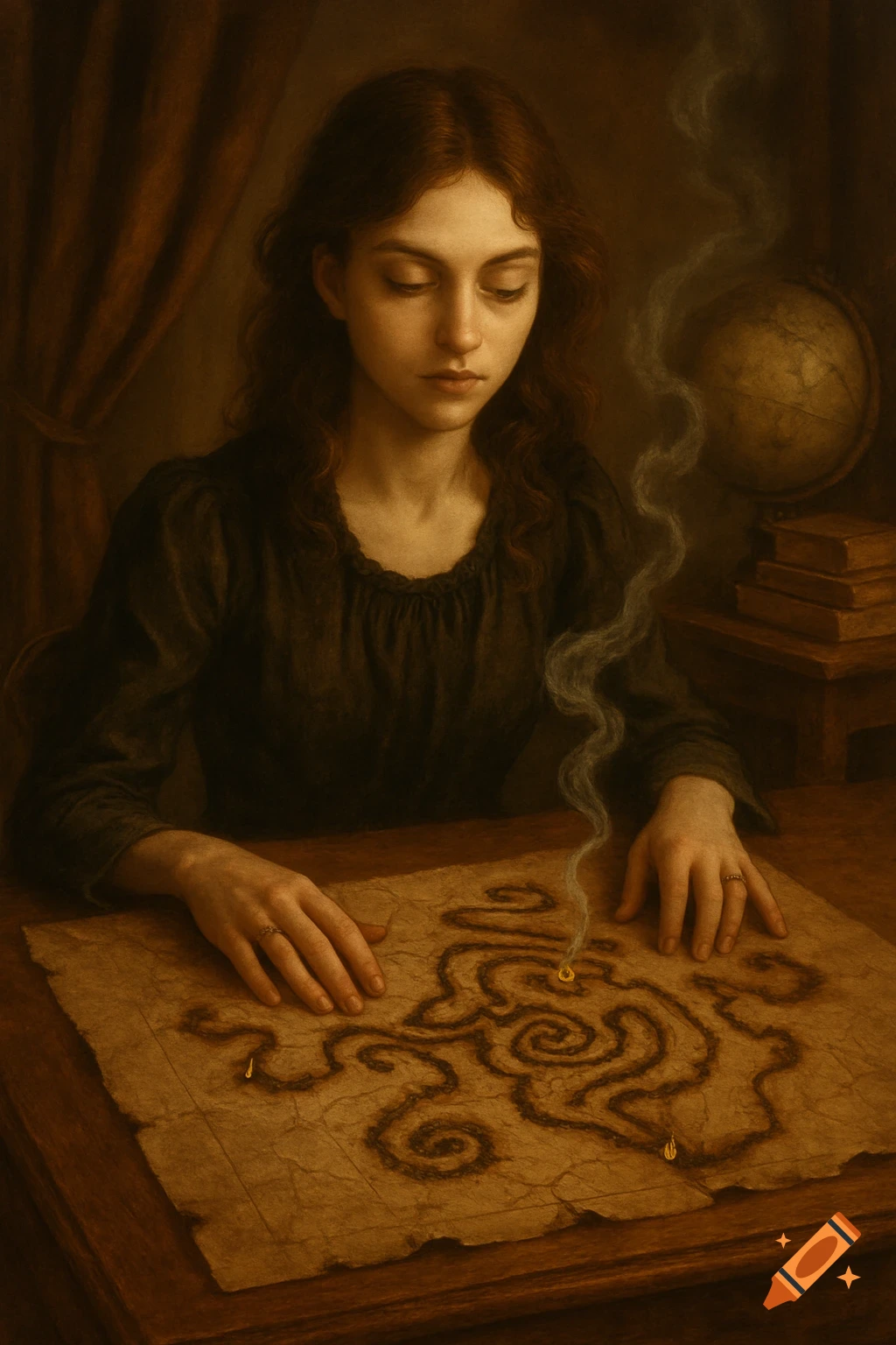 A young woman with long wavy hair looks at a burned, maze-like map on a table with smoke rising from it, in a realistic painting style.