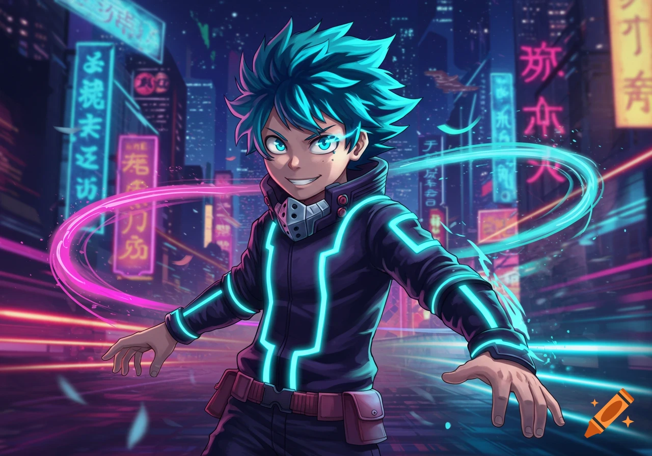 An anime boy with teal hair and glowing eyes, wearing a black jacket with blue neon lights, smiles in a vibrant cyberpunk city at night.
