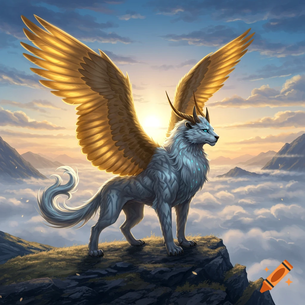 A majestic white winged lion-like creature with golden wings and horns stands on a mountain peak above clouds at sunset in a fantasy art style.