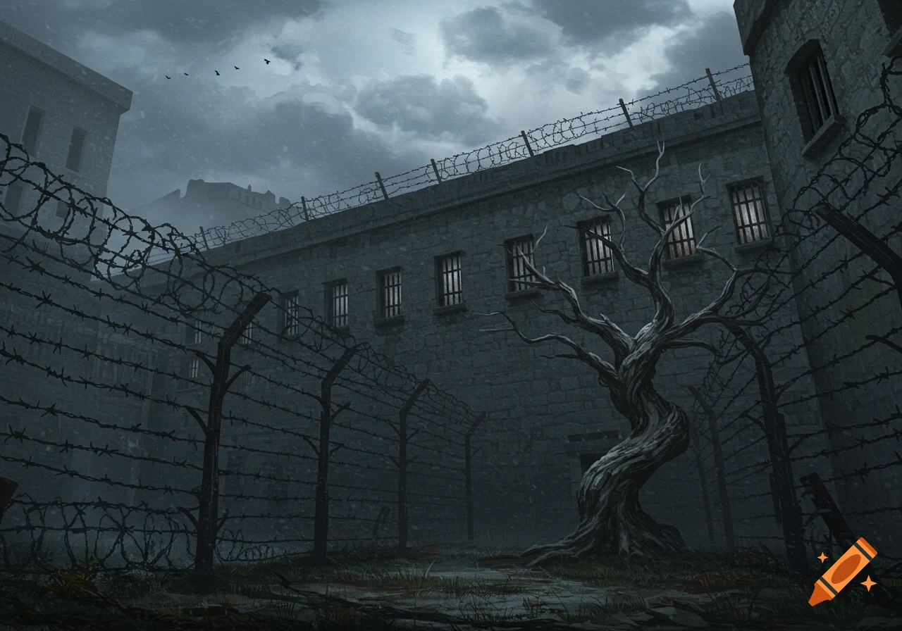 A dark prison courtyard with barbed wire fences, a twisted bare tree, and stone buildings under a cloudy, grey sky.
