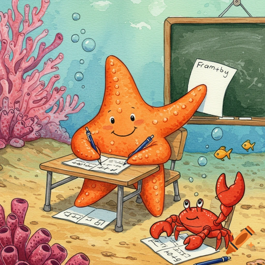 A cheerful orange starfish with two pens writes on a paper at an underwater school desk, while a smiling red crab writes on the sand. Coral and a chalkboard are in the background.