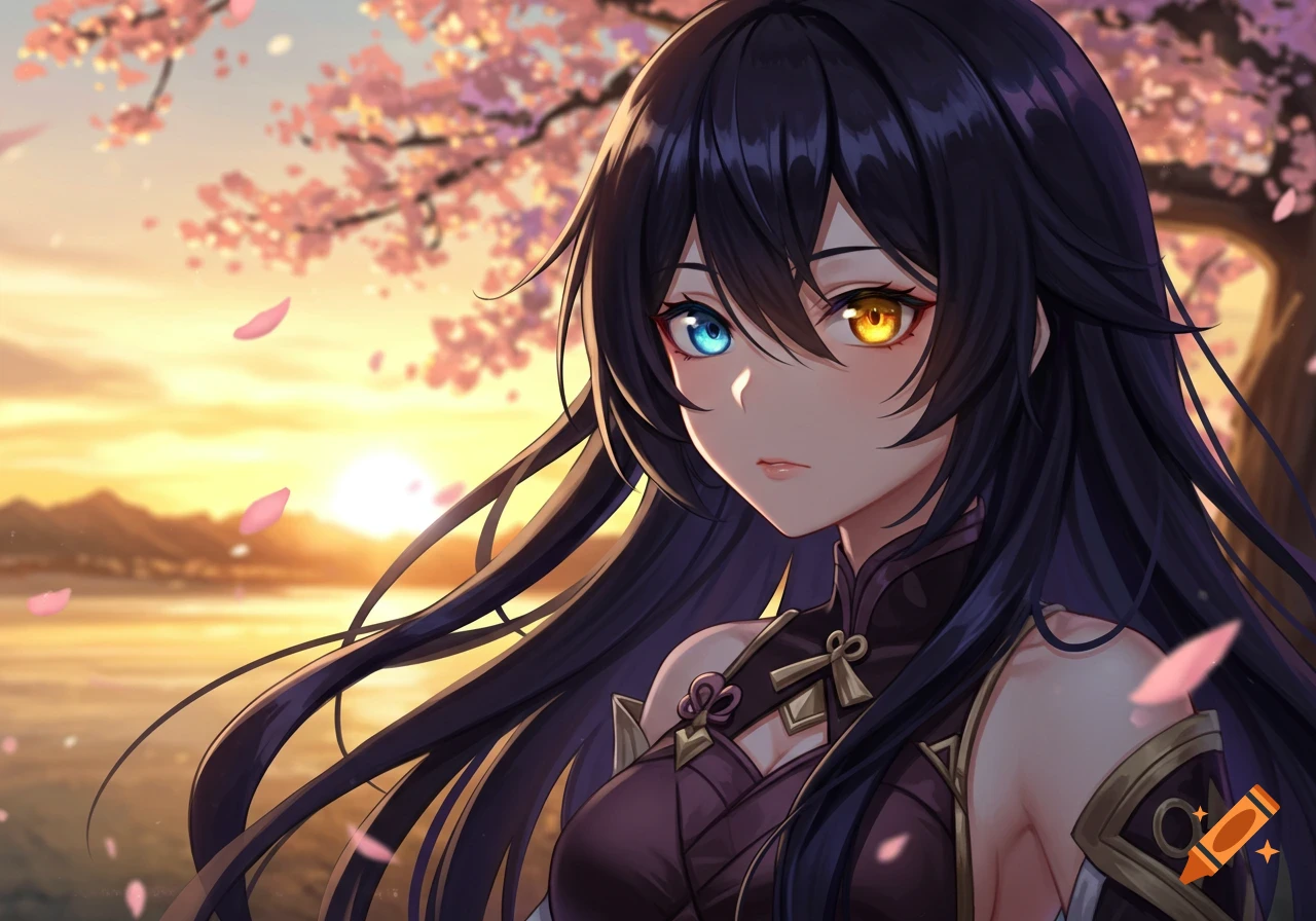 An anime girl with long black hair and heterochromatic blue and yellow eyes, wearing a dark outfit, against a sunset and cherry blossom background.