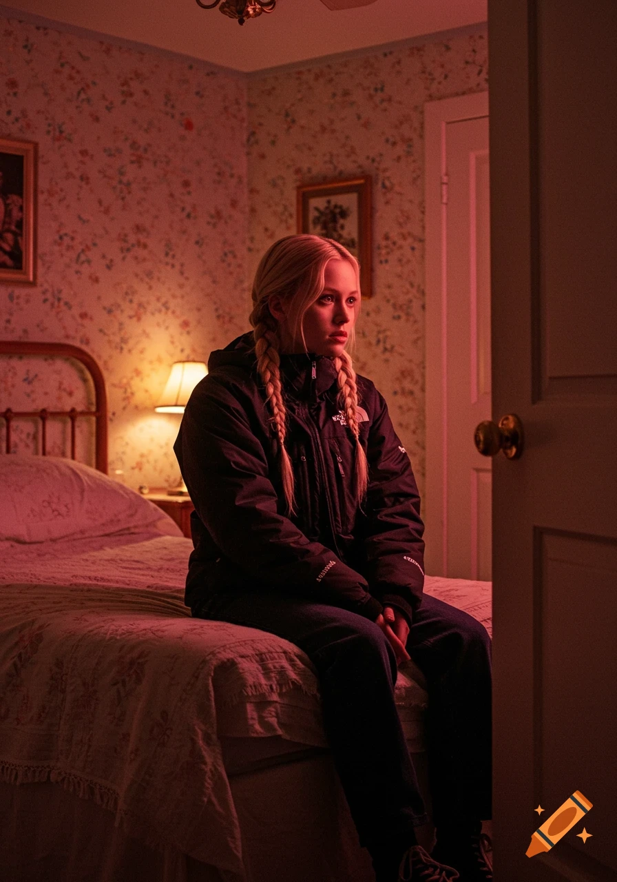 A blonde young woman with braids in a black jacket sits on a vintage bed in a pink-lit bedroom, looking tense toward an open door. Photorealistic.
