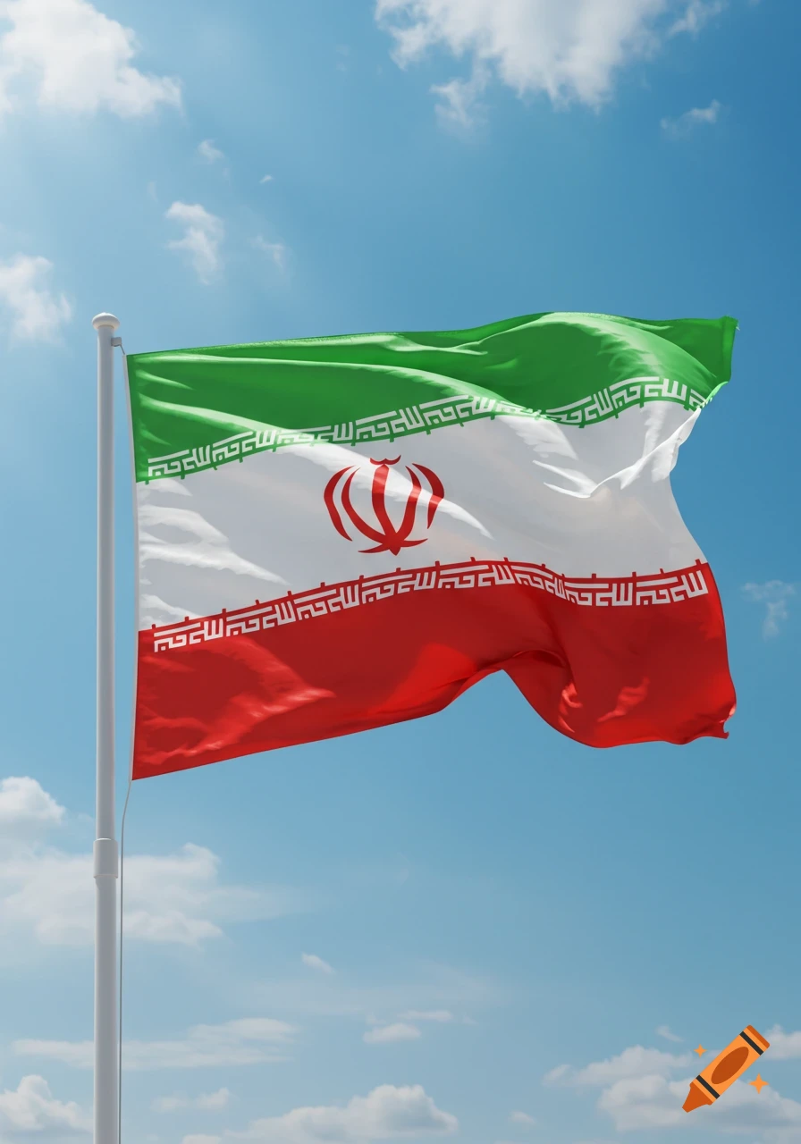 The Iranian flag, with green, white, and red stripes, featuring the national emblem, waves against a clear blue sky.