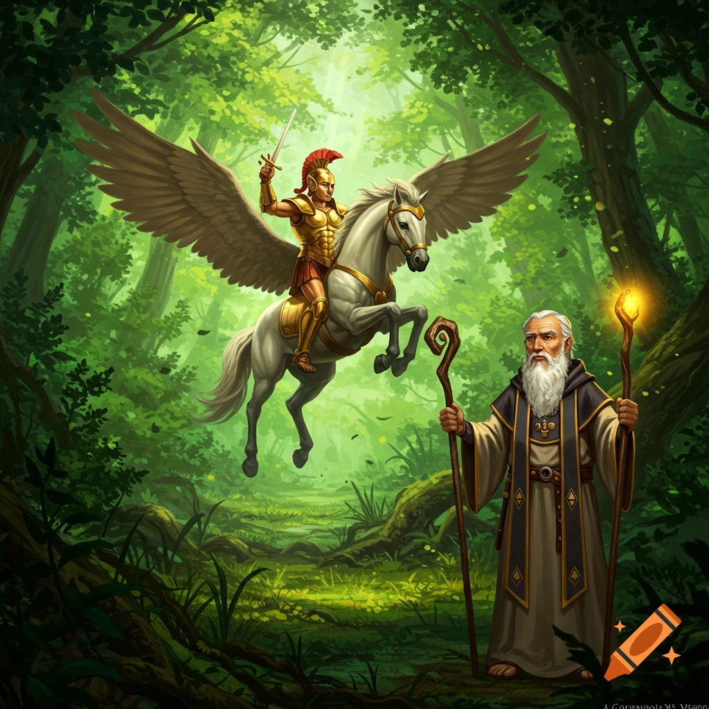 A golden armored warrior on a winged white horse (Pegasus) hovers in a sunlit forest, facing an old wizard holding two staffs.