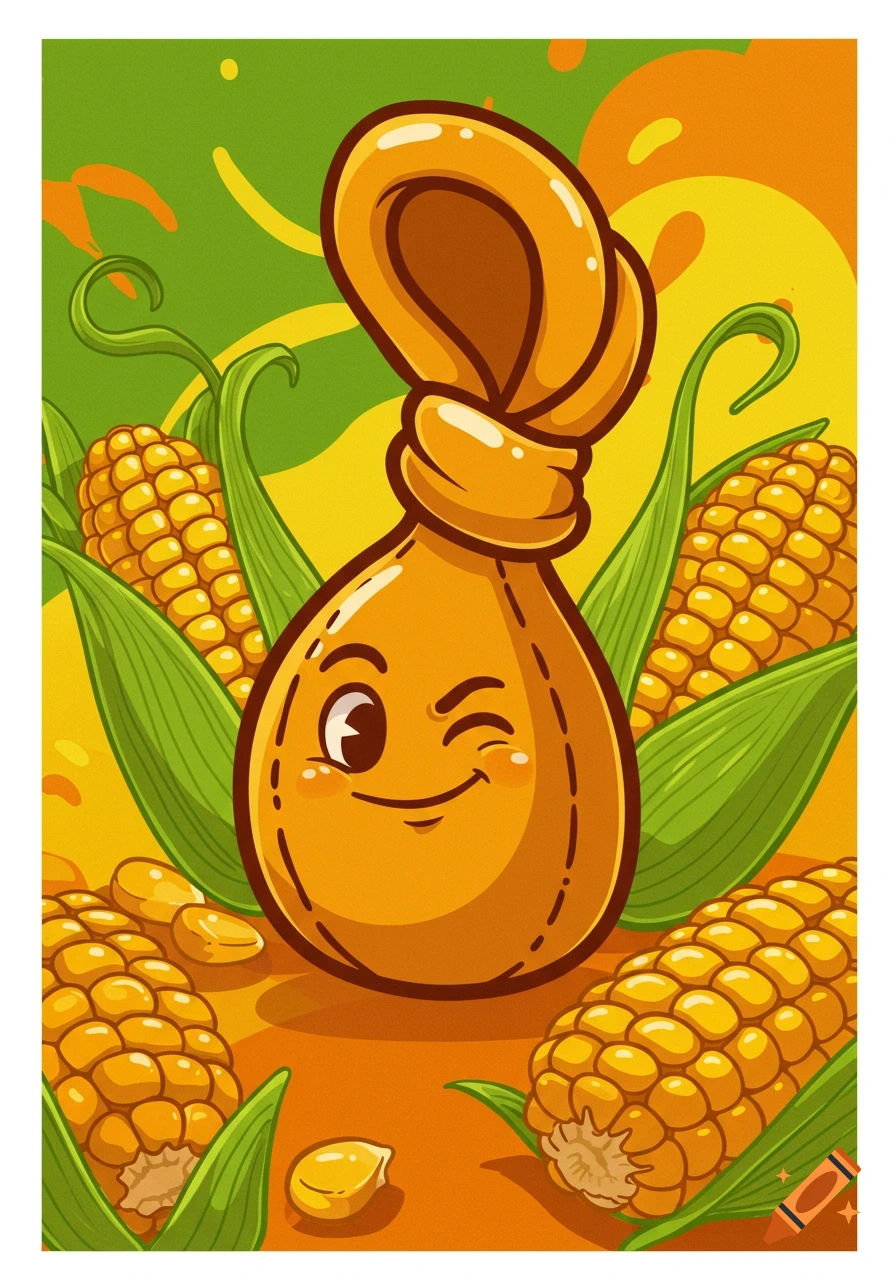 A winking cartoon pouch character surrounded by ears of corn and kernels, in a vibrant illustration style.