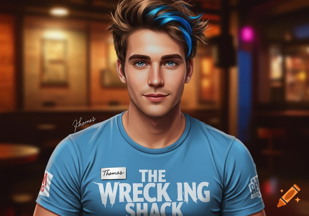 A stylized portrait of a young man with brown hair and a blue highlight, blue eyes, wearing a blue t-shirt with a "Thomas" name tag and "THE WRECKING SHACK" text.