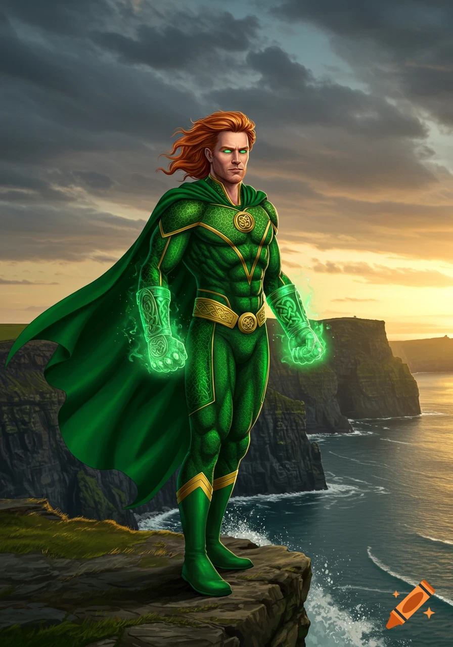 A red-haired Irish superhero in a green suit, cape, glowing eyes and hands stands on a rocky cliff overlooking a sunset ocean, comic art.