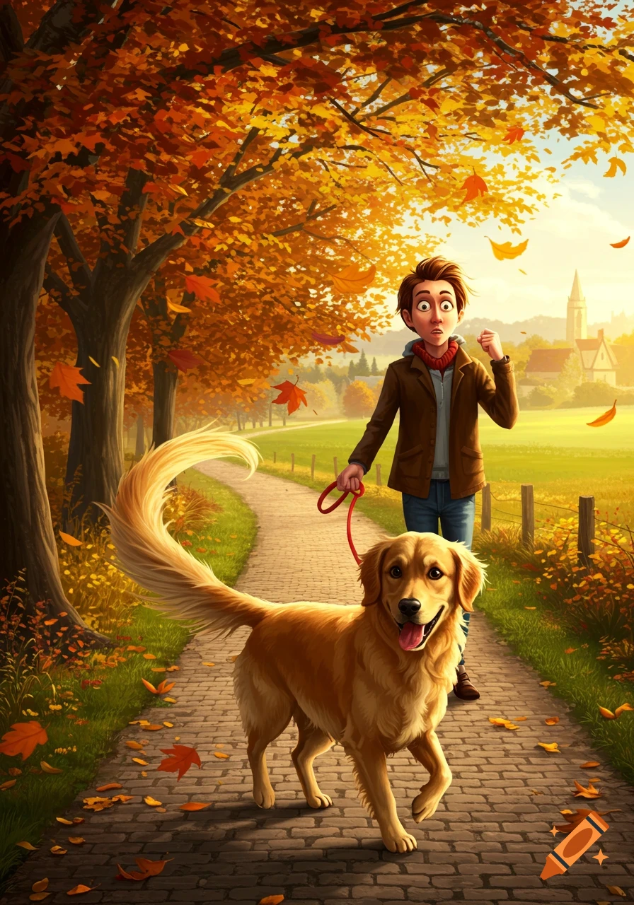 A surprised person walks a golden retriever on a brick path through vibrant orange autumn trees in an illustration.