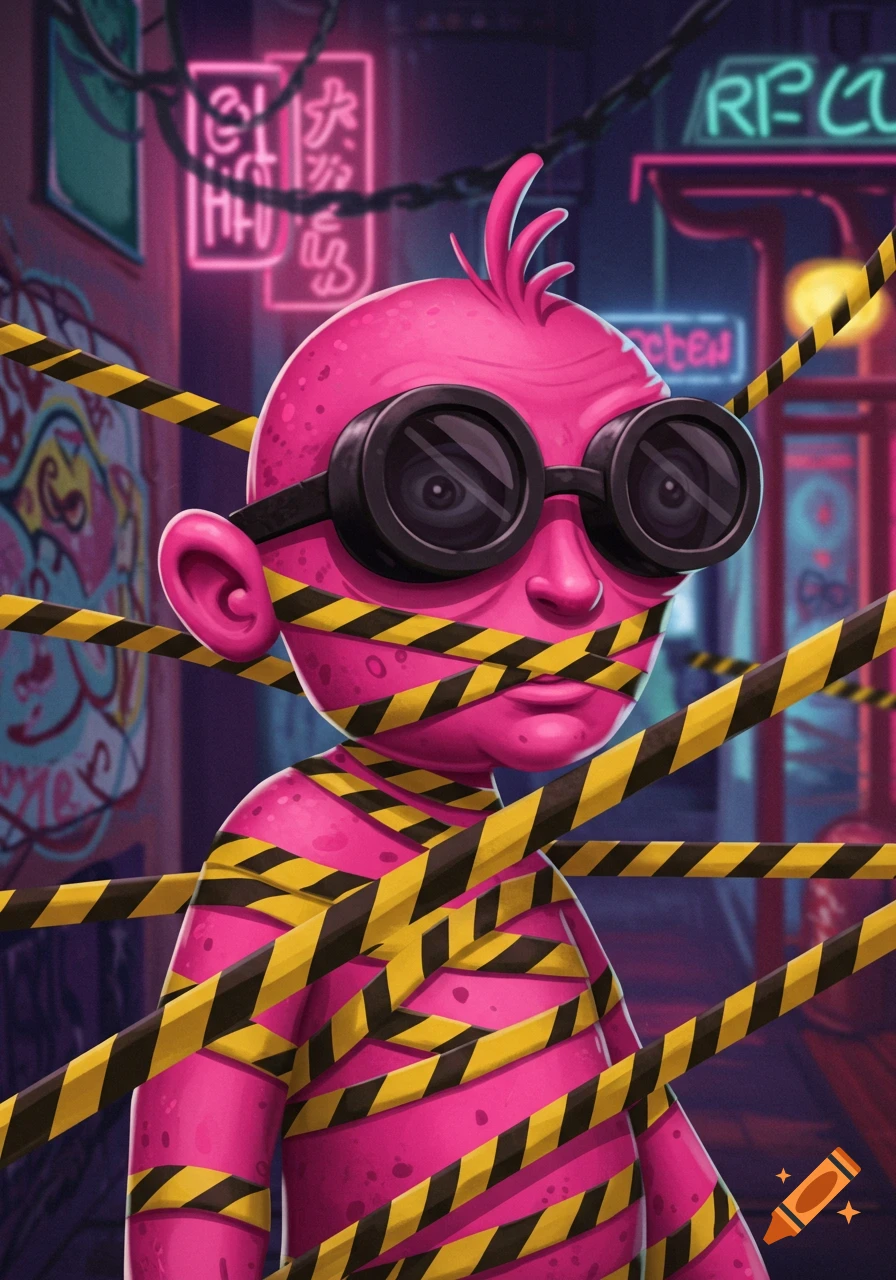 A stylized pink humanoid figure wrapped in yellow and black caution tape, wearing large black goggles, stands in a neon-lit cyberpunk street scene.