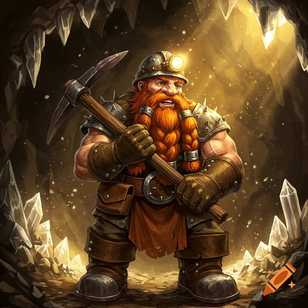 A dwarf miner with a long braided red beard, wearing a helmet with a light, holding a pickaxe in a crystal-filled cave.