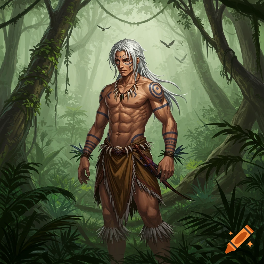 An anime-style tribal man with long white hair and body paint, wearing a loincloth and necklace, stands in a lush jungle.