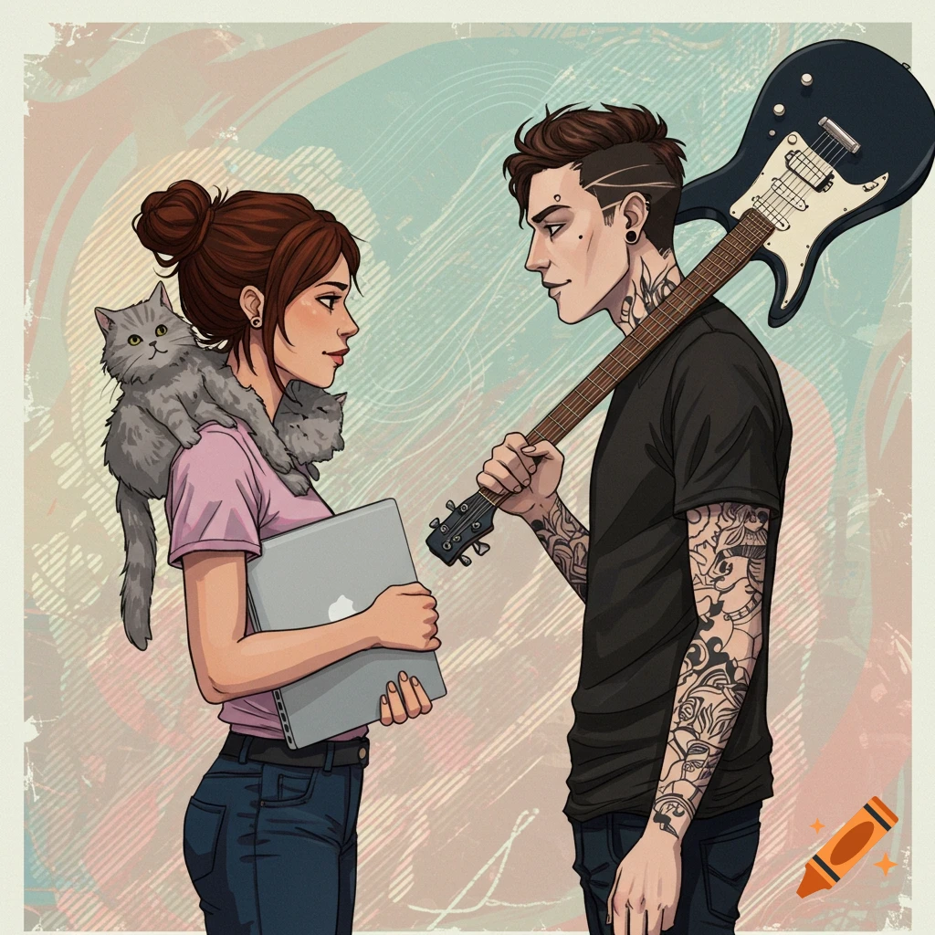 An illustrated man with tattoos and an electric guitar faces a woman holding a laptop with two cats on her shoulders, against a textured background.