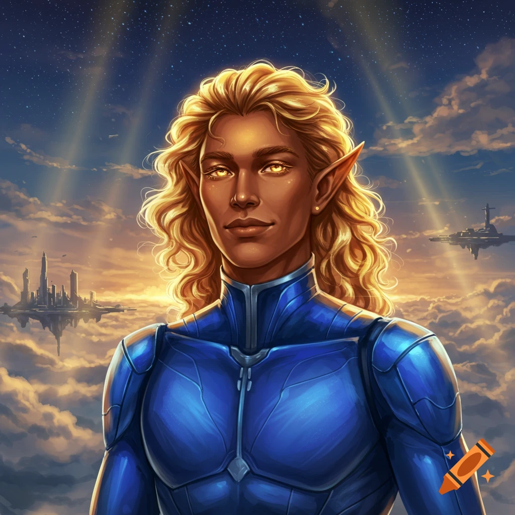 A male sun elf in a blue pilot outfit with golden eyes and wavy blonde hair, set against a celestial background with floating cities.