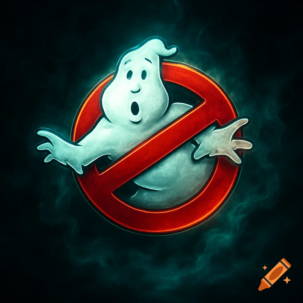 The Ghostbusters logo, featuring a surprised white cartoon ghost in a red 'no' symbol against a smoky dark background.
