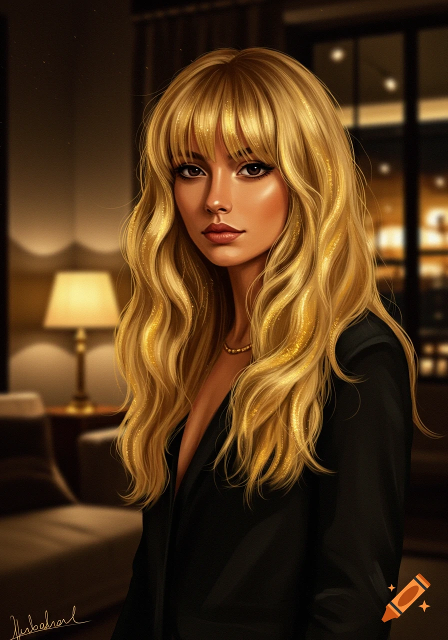 A stylized illustration of a woman with long, wavy golden-blonde hair with glitter and bangs, dark eyes, wearing a black top and a delicate necklace, in a warmly lit room.