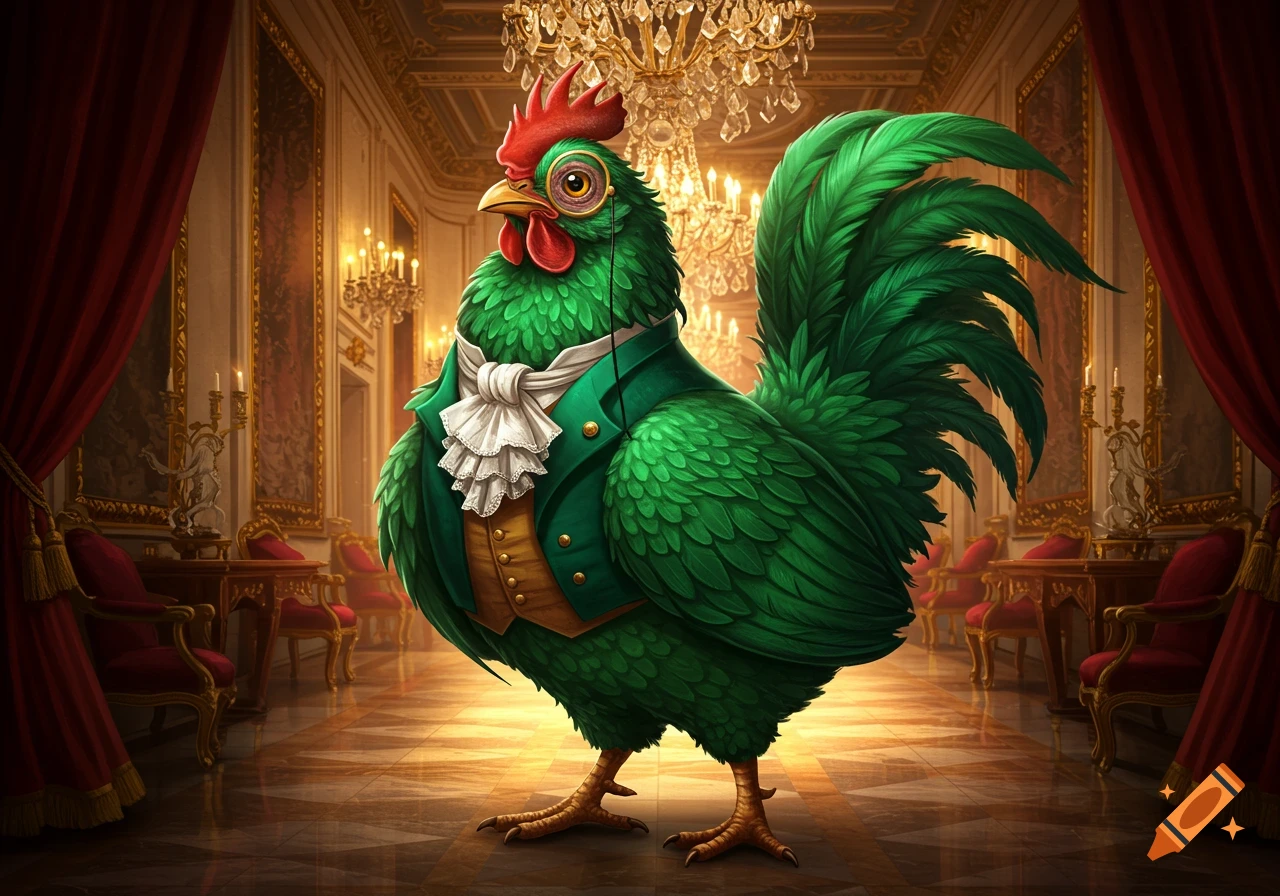 A dapper green rooster wearing a green suit, waistcoat, and monocle stands in a grand, ornate palace ballroom.