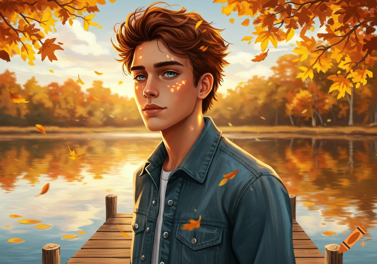 Digital art portrait of a young man with brown hair and blue eyes, wearing a denim jacket, on a dock by an autumn lake.