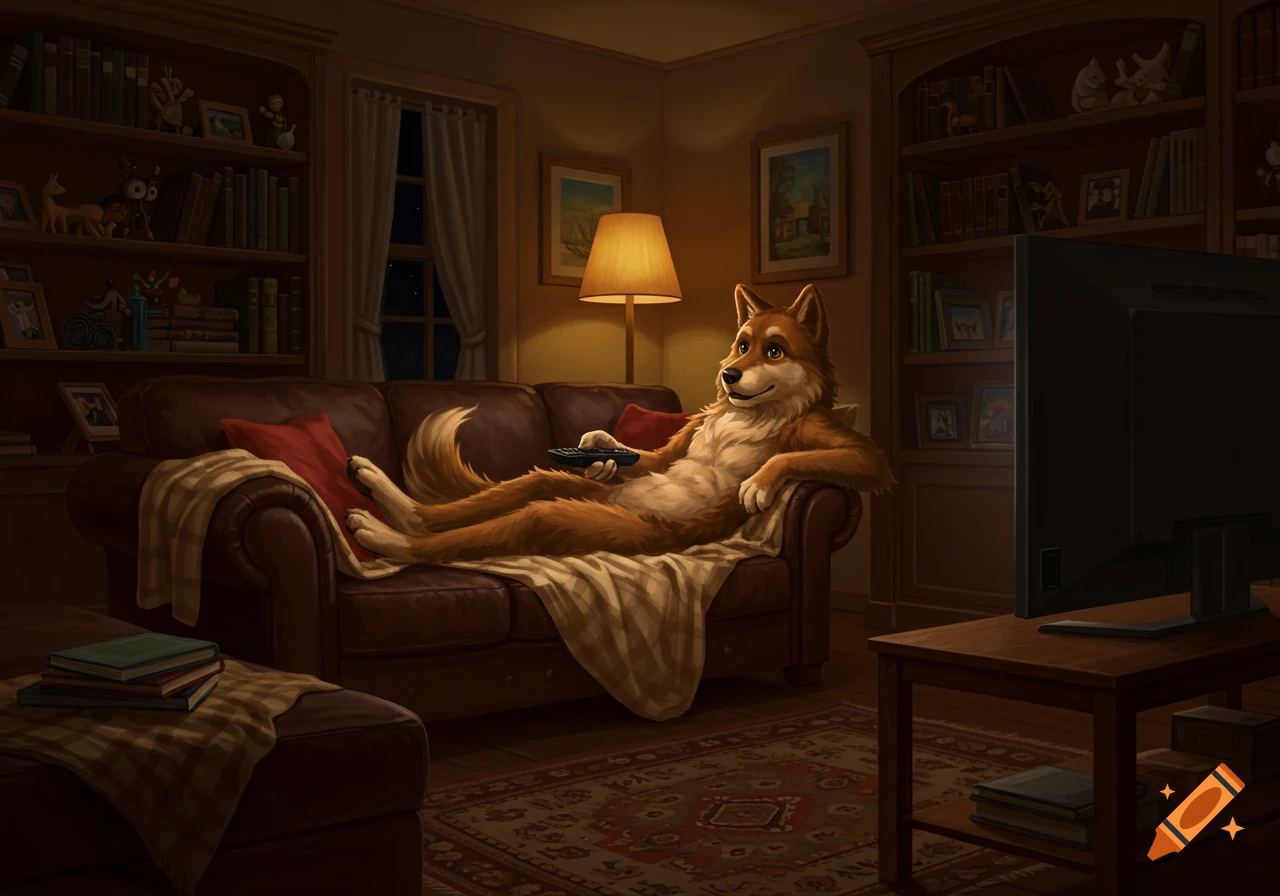 An anthropomorphic dog lies on a couch, holding a remote and watching TV in a cozy, dimly lit living room, illustration.